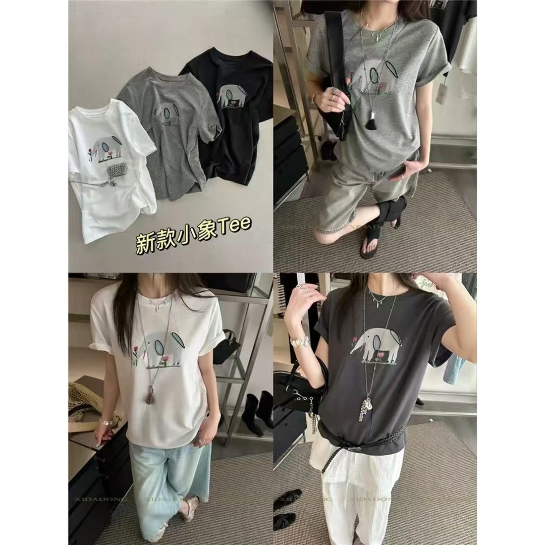 清 FF. 966 巨好看！韩系大象花朵卡通印花雪花棉短袖T恤上衣女夏