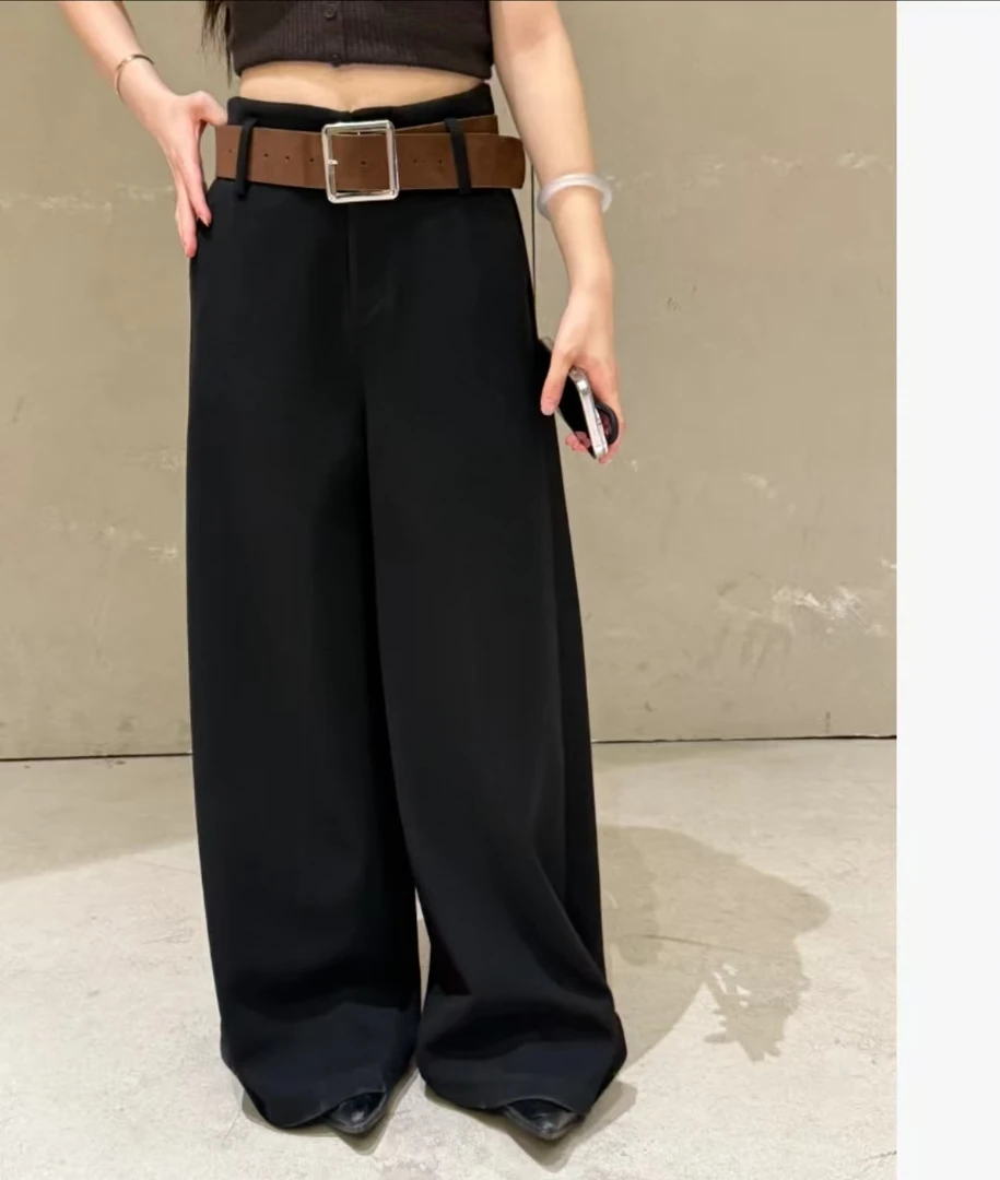 冬款呢料简约休闲风高腰配腰带设计感修身显瘦长裤86882