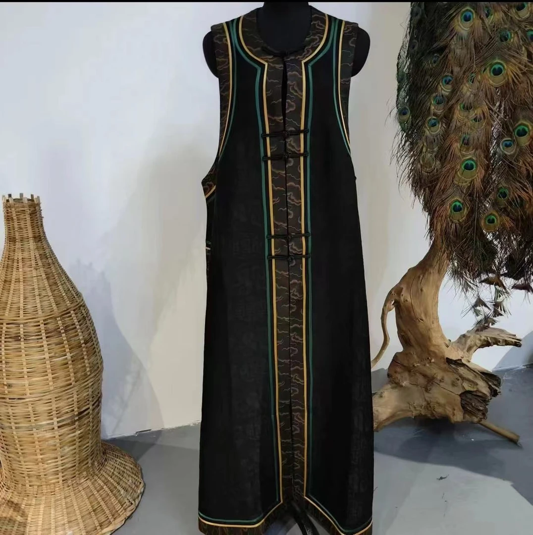 凤徕兮私人定制黑色香云纱包边盘扣对襟长风衣 HM101055