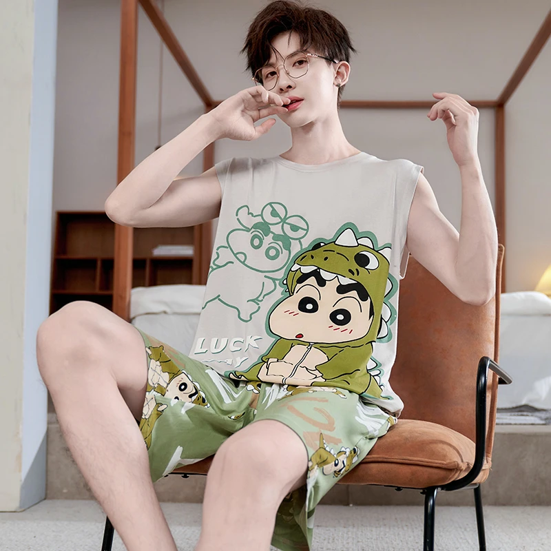 男士睡衣夏季背心短裤薄款莫代尔冰丝青少年学生加大码家居服套装