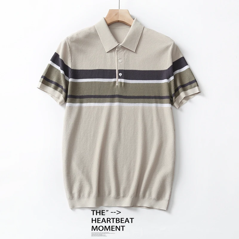 #含桑蚕丝#休闲夏季翻领短袖polo菠萝针织法条纹透气冰感BX210