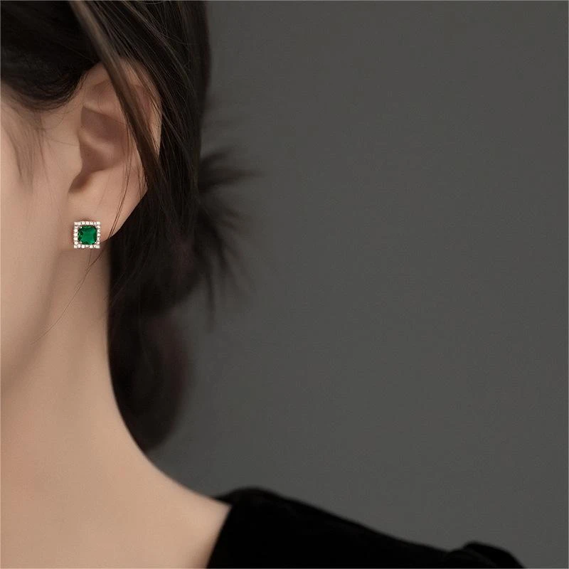 铜合金合成锆石耳饰 绿色方糖耳钉 时尚百搭女款 xbj330