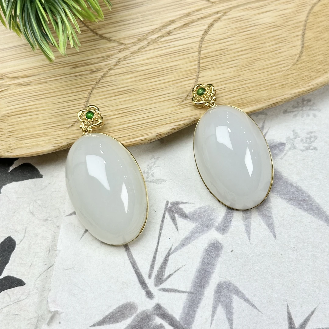 JYSP118和田玉白玉蛋面吊坠18金镶21*31*10mm+多样性发其一