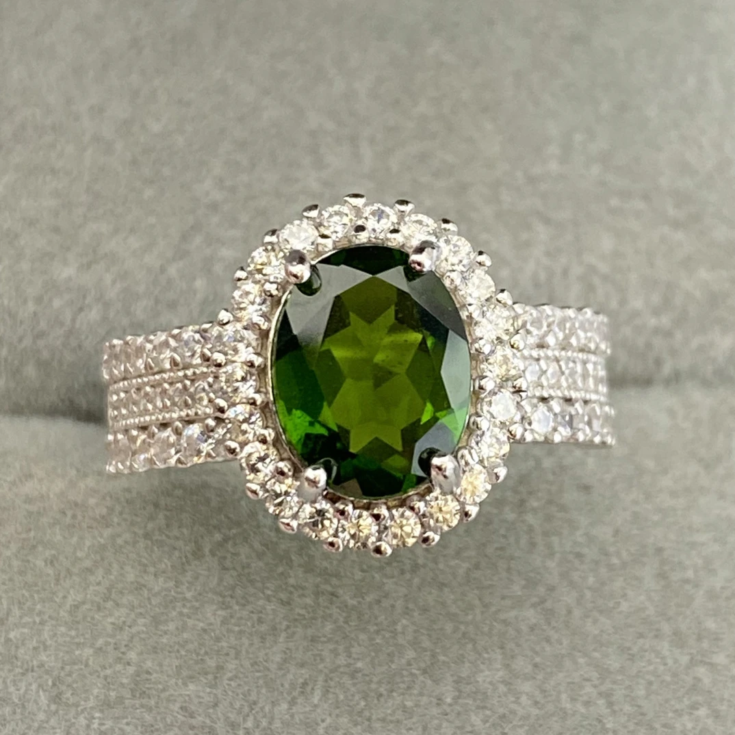 天然透辉石戒指s925银7*9mm绿色轻奢精致满钻时尚百搭一物一证