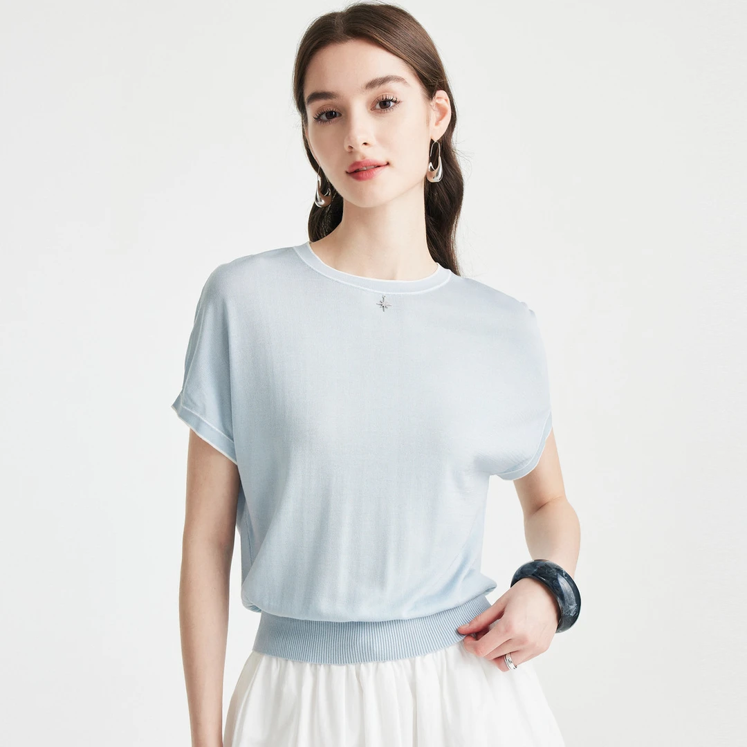 【雅然老师专享】25春夏圆领独特装饰含桑蚕丝针织T恤女ES250780M