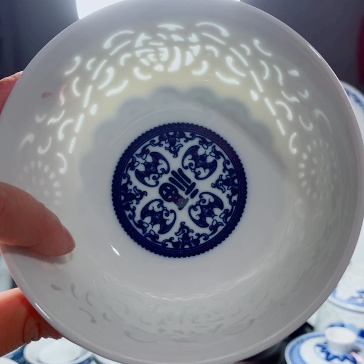 青花玲珑5寸饭碗满雕满福
