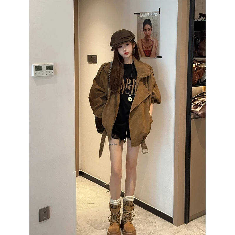 美式复古麂皮绒咖色机车外套女秋季新款设计感休闲百搭宽松夹克潮