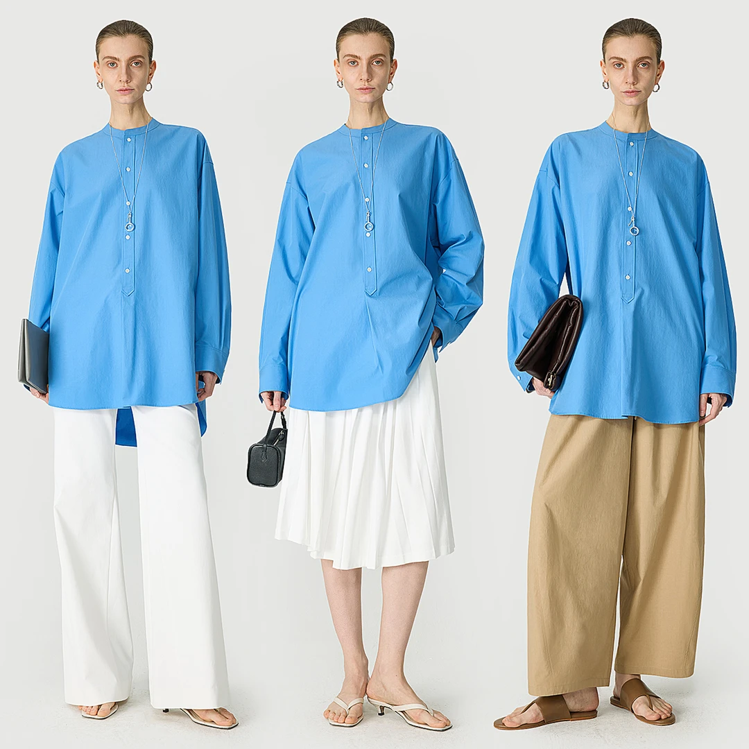 开间/四季刚需 獨家定纺高支SUPIMA匹马棉極简半开襟廓形无领衬衫