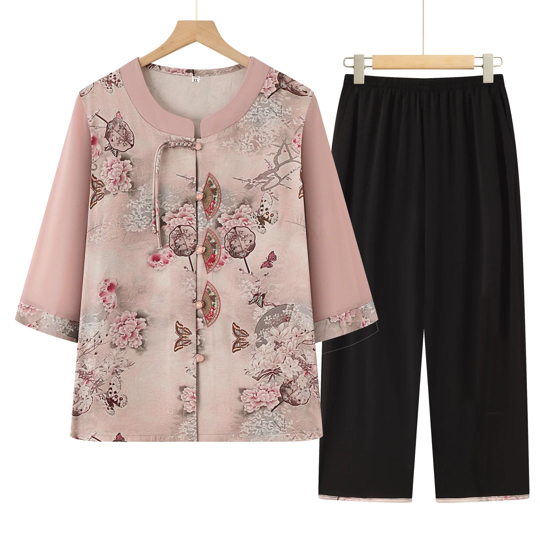 F251 妈妈装夏款中袖洋气套装中老年宽松上衣松紧腰裤子奶奶套装