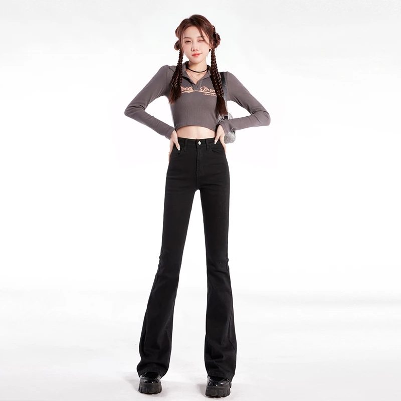 JS3199灰色微喇牛仔裤女2025春季新弹力修身显瘦马蹄裤喇叭裤女