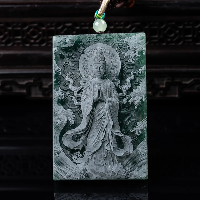 天然A货翡翠南海观音牌双面精工影雕高冰玉石吊坠大观音挂件玉佩
