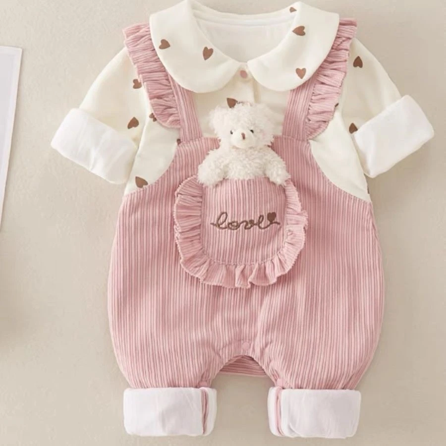 婴儿连体衣女宝宝春秋装儿童双层外穿满月百天超萌可爱公主哈衣