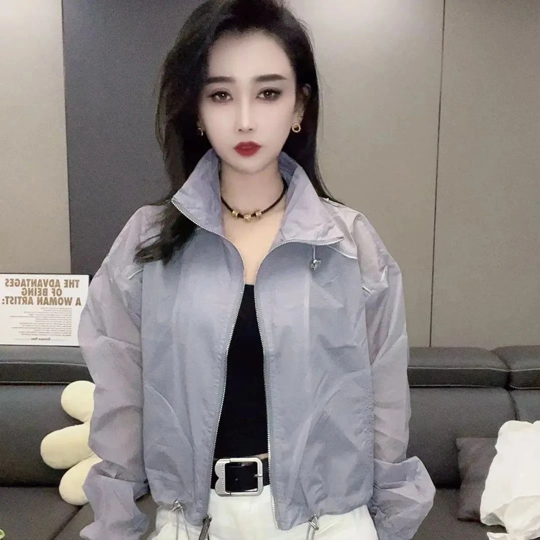2025薄款衣女短款外套新款小个子夏季连帽宽松休闲防晒立领女百搭