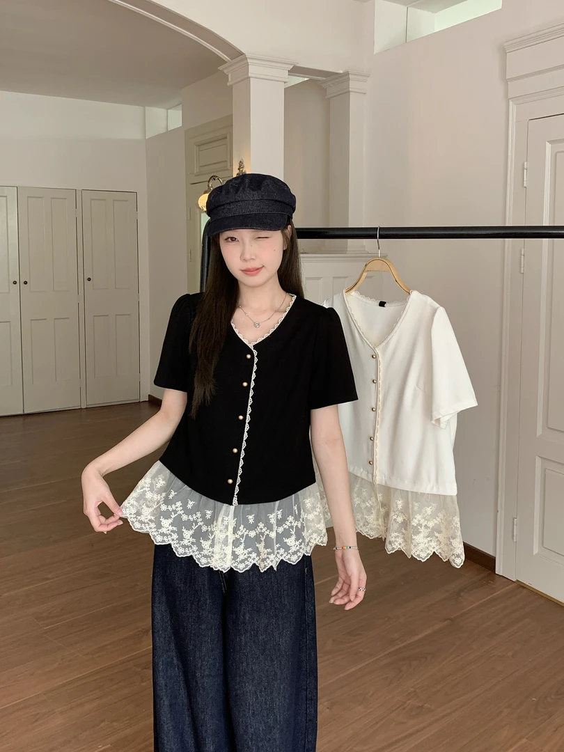 【瑶瑶专属】大码女夏季法式气质蕾丝拼接衬衣显瘦小香风上衣63980