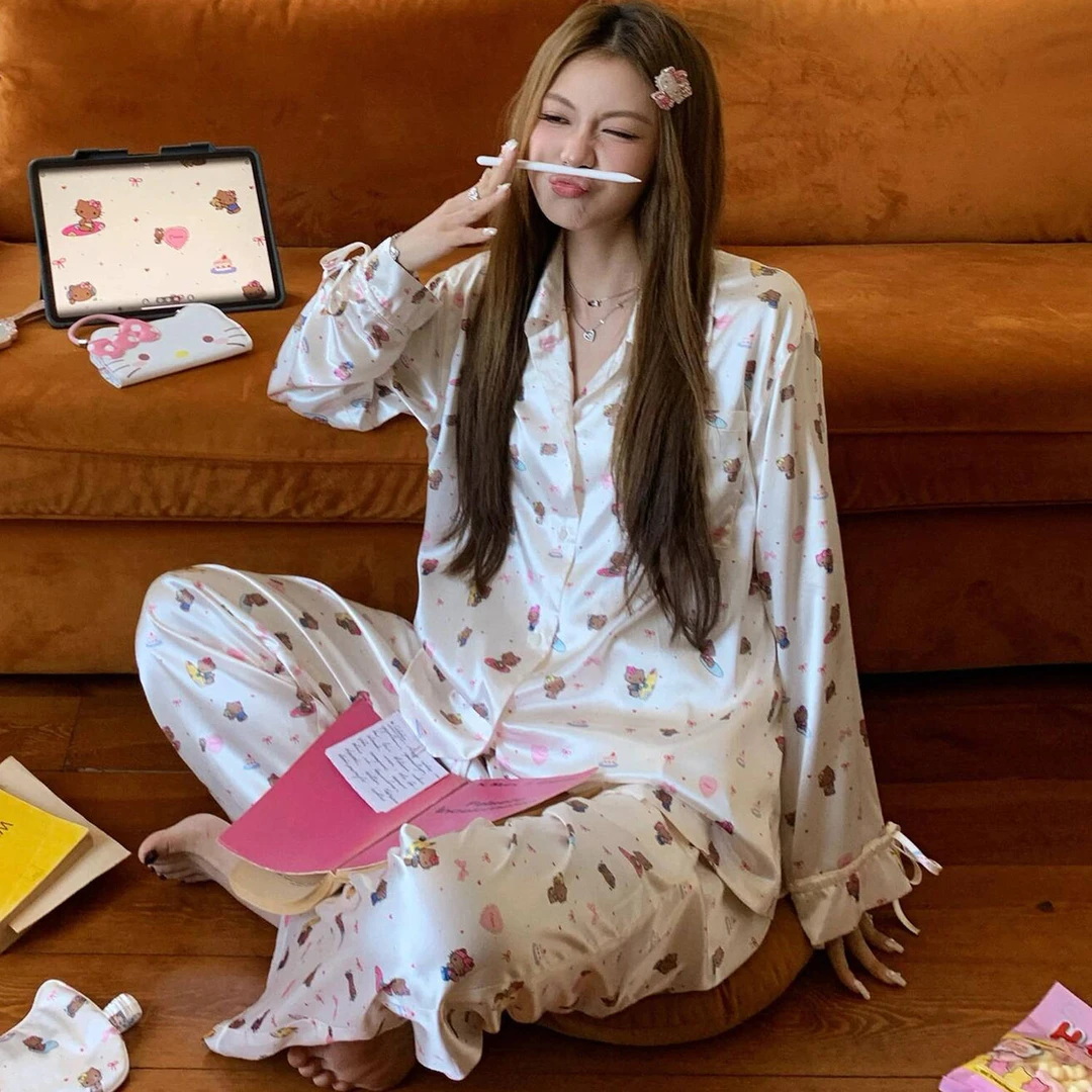 黑皮hellokitty凯蒂猫冰丝睡衣女夏季超火新款长袖薄款家居服套装