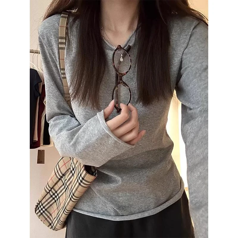 韩系小众卷边设计松弛感长袖T恤女秋季薄款修身显瘦新款打底上衣