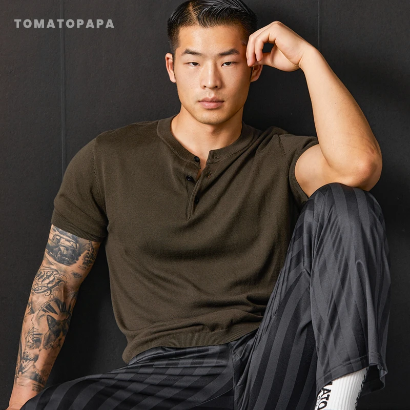 TOMATOPAPA亨利领针织短袖纯色百搭休闲柔软舒适T恤弹力运动健身
