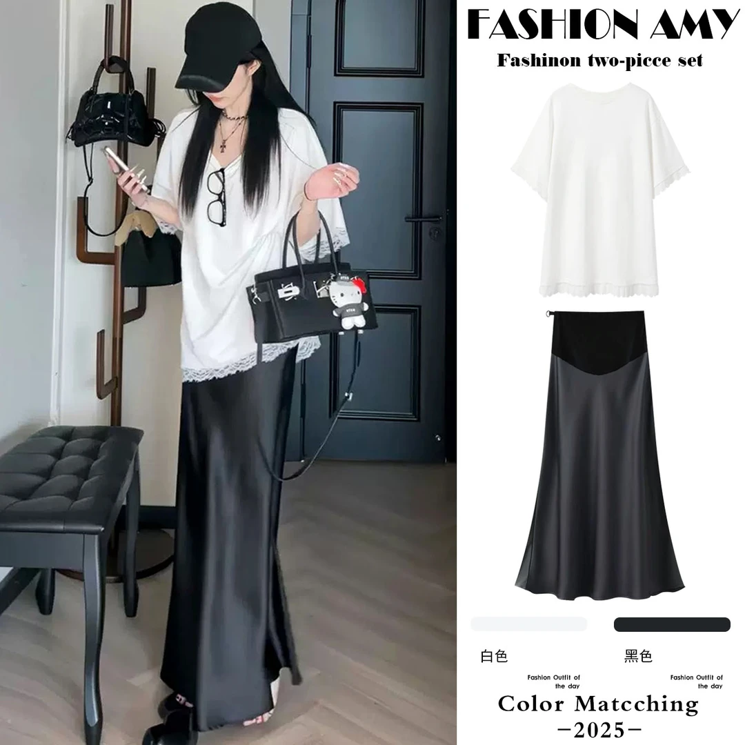 孕妇套装夏装新款时尚韩版宽松蕾丝拼接短袖T恤显瘦鱼尾半身裙子1