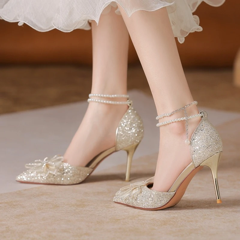 【闺意】气质法式单鞋细跟婚鞋水钻细跟新娘订婚鞋伴娘女士成人礼