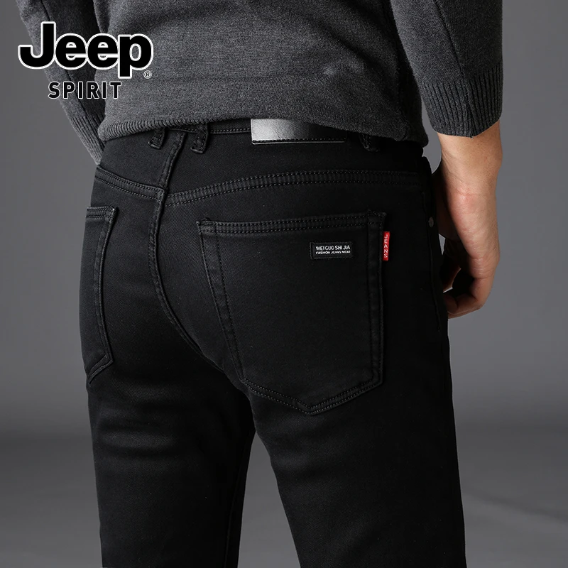 JEEPSPIRIT吉普冬季加绒牛仔裤男士修身直筒弹力百搭高端休闲裤子