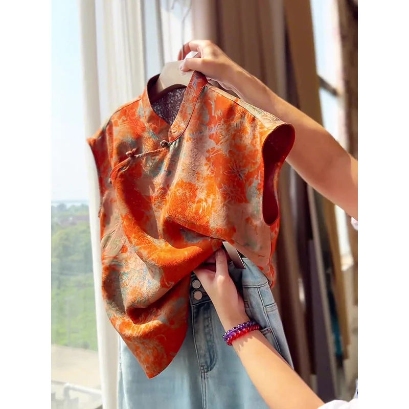 新中式提花盘扣设计感无袖衬衫2025新款复古国风高端百搭休闲上衣