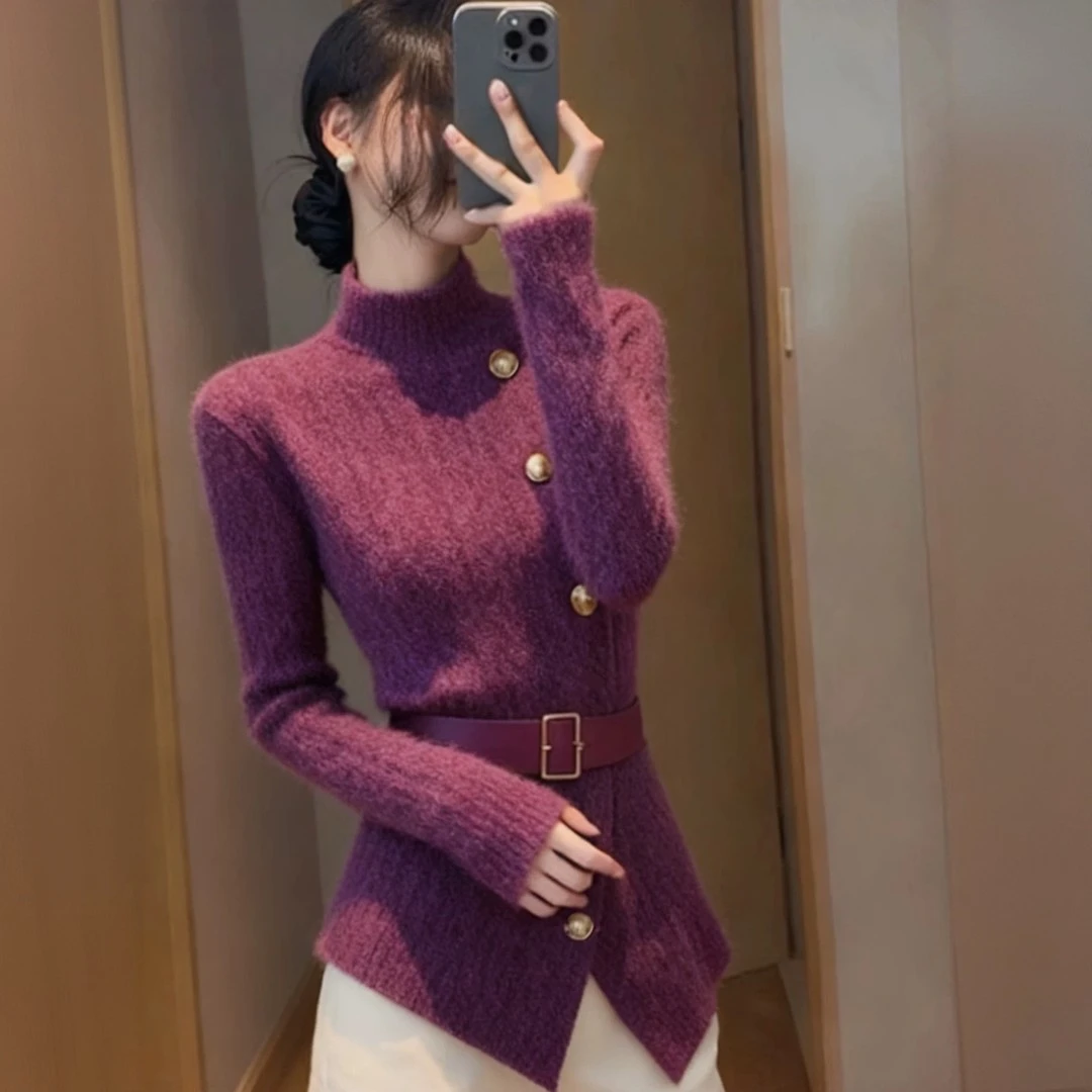 超好看紫色高领加厚打底毛衣女2025冬季奶呼呼软糯修身显瘦针织衫