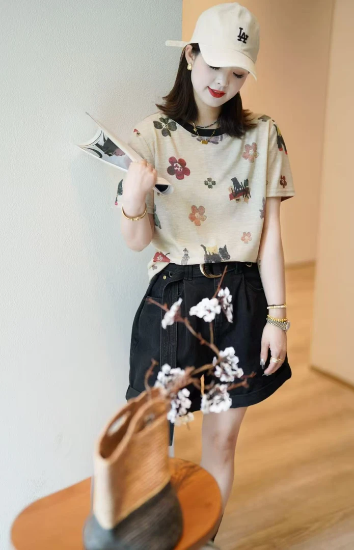 【锦衣服饰】OY  66165印花圆领打底百搭T恤