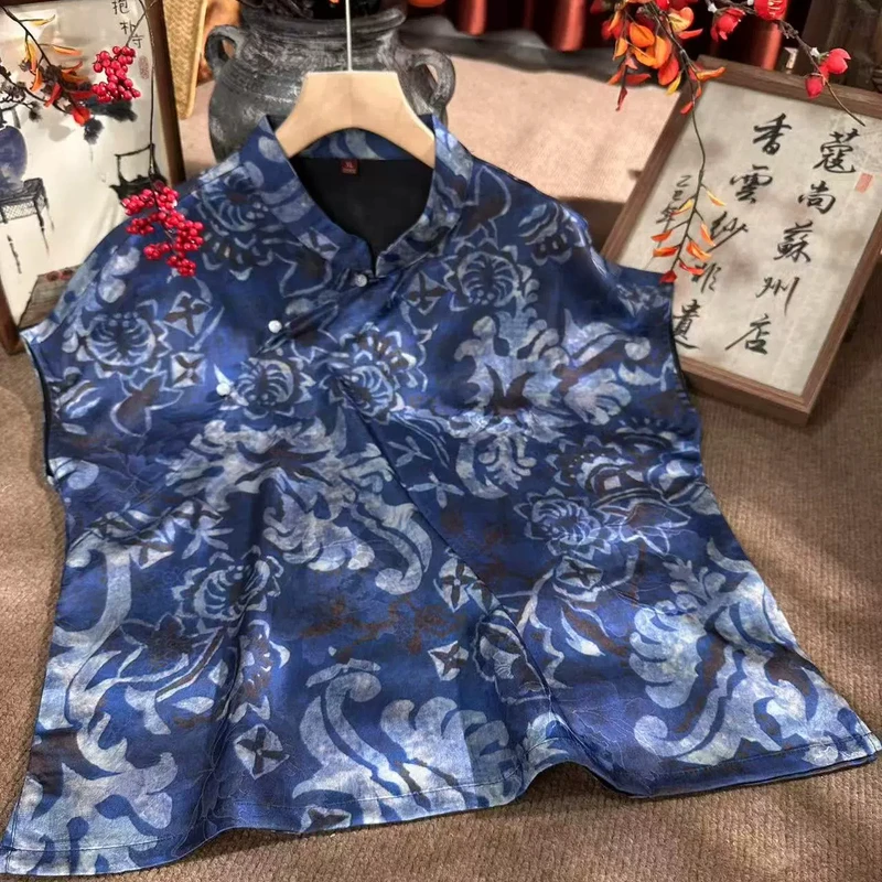 夏季新款青花瓷国风斜襟短袖上衣