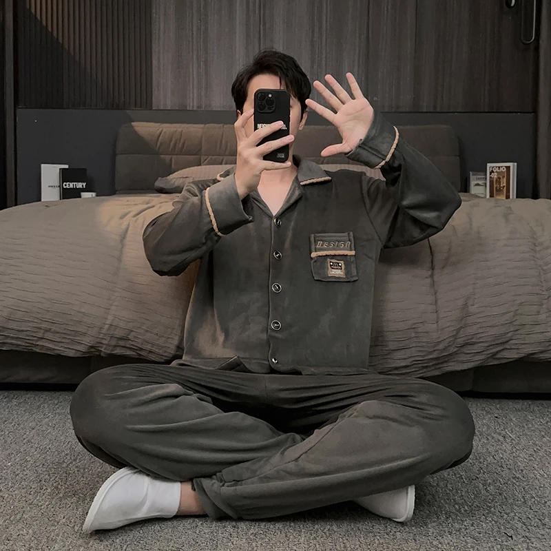 冬天睡衣男士保暖海岛绒休闲秋冬季加厚加绒秋冬款开衫家居服套装