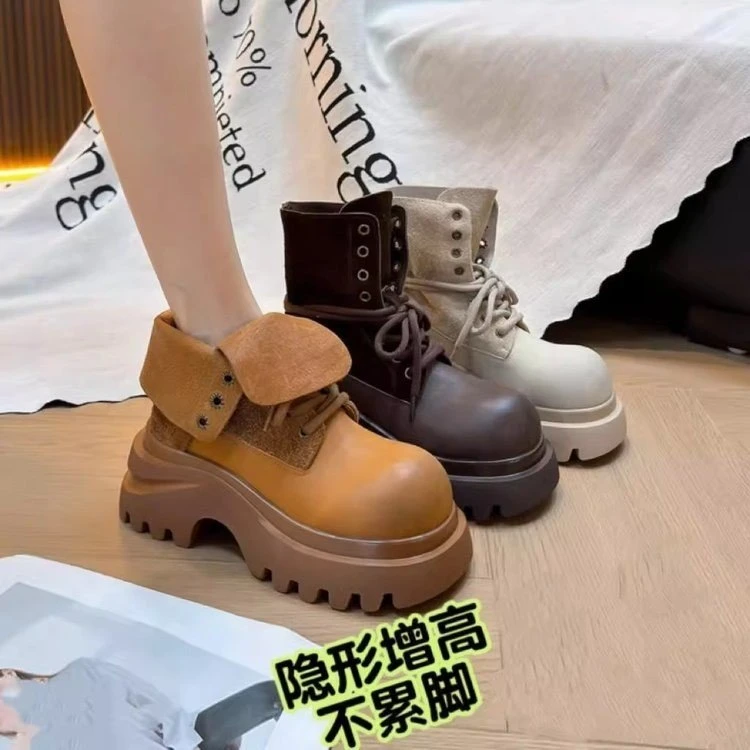 2025秋季新款英伦风大黄靴女内增高休闲工装靴复古棕色短靴