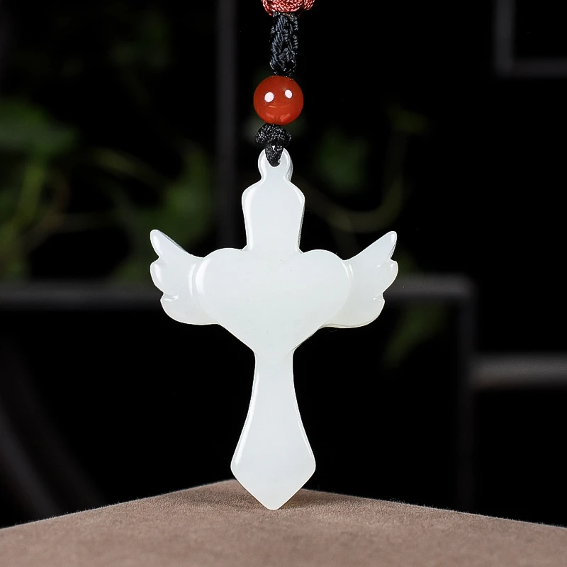 天然和田玉白玉爱心十字架吊坠男女款玉石项链挂件玉佩玉坠项链