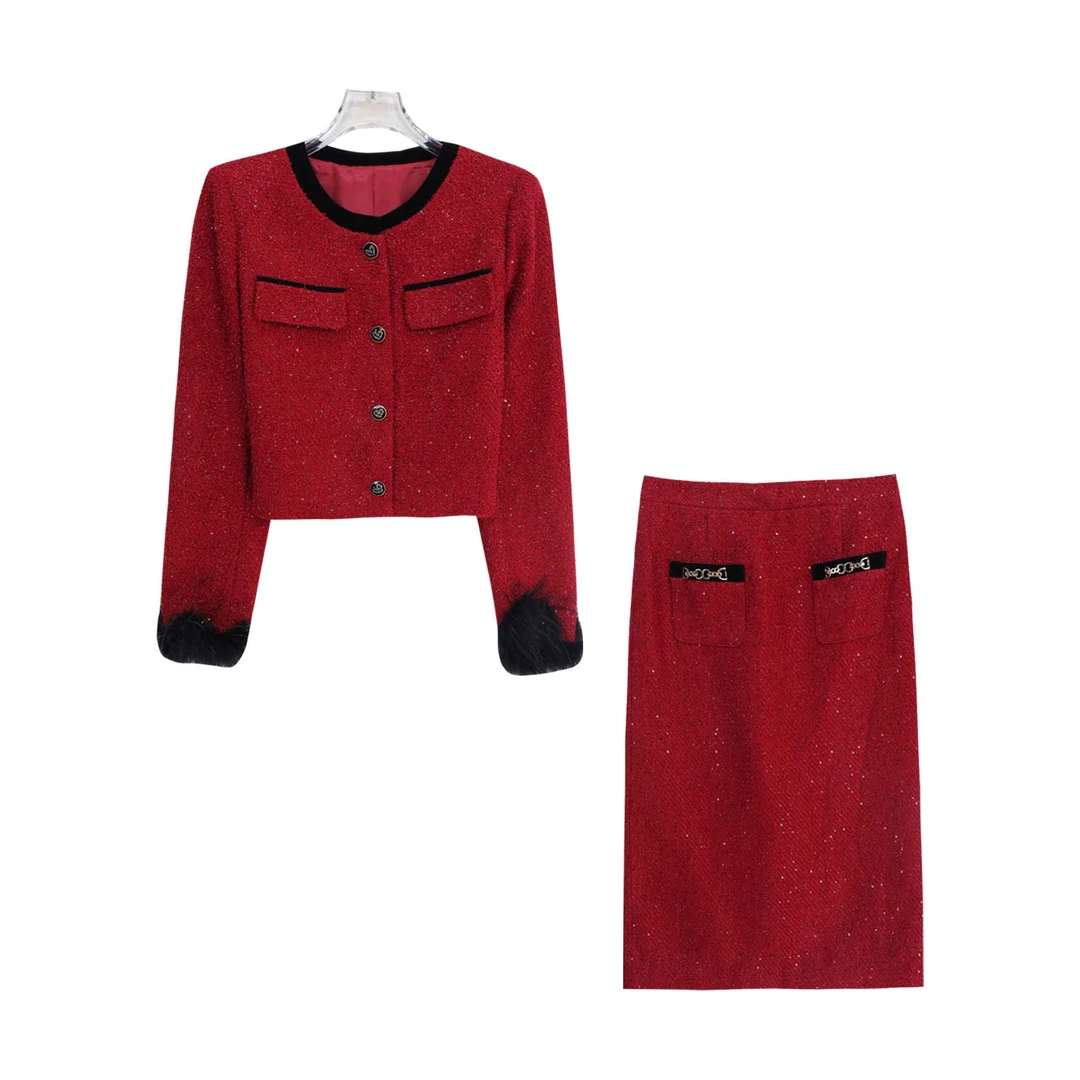 高级感气质名媛小香风短外套高腰半身裙套装S4486