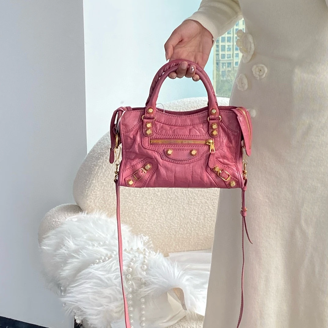 95新 Balenciaga/巴黎世家 巴黎世家桃粉色机车包手提斜挎包