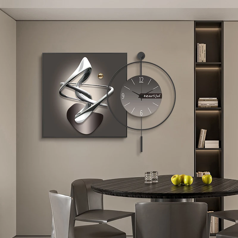 现代轻奢餐厅装饰画大气挂钟饭厅钟表挂画客厅背景墙时钟抽象壁画