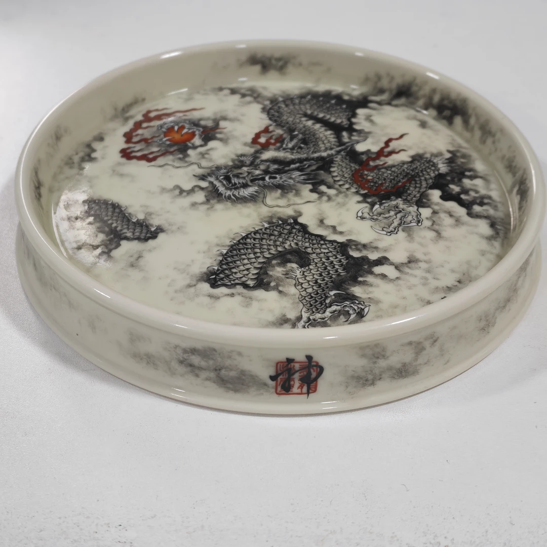 立勤堂红绿彩二号釉墨龙壶承