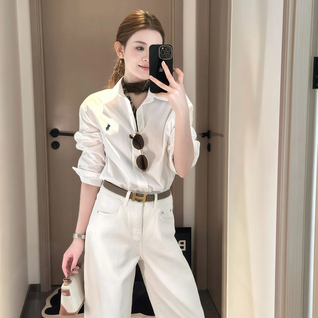 衬衫女春秋美式复古长袖打底衫内搭叠穿刺绣日系衬衣