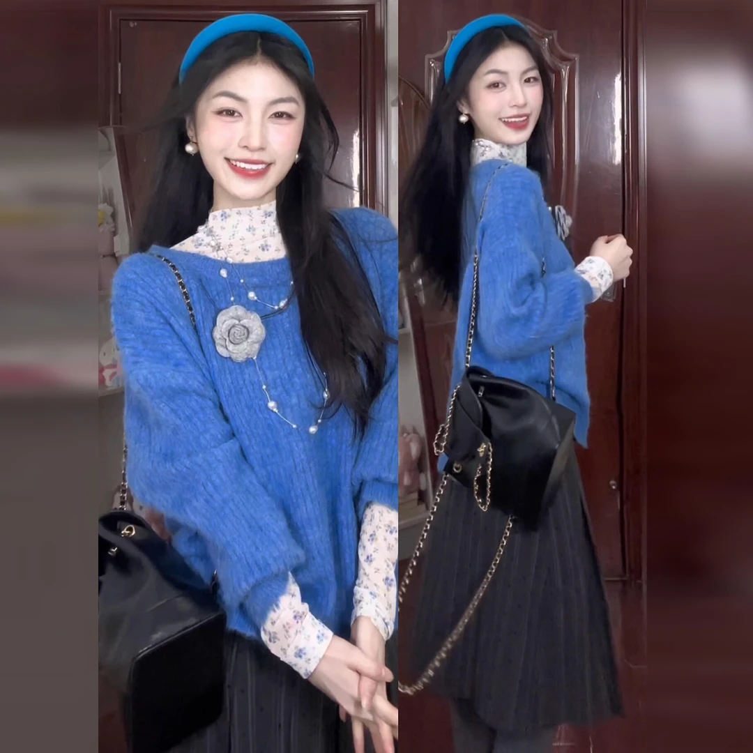 韩系慵懒高级感蓝色针织毛衣女秋冬季2025新款可外穿内搭上衣套装