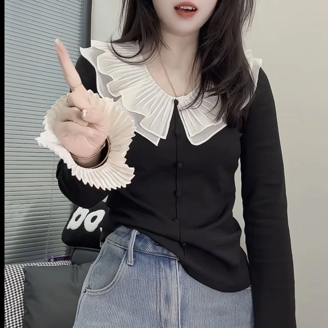 冬季新款拼接荷叶领磨毛长袖T恤时尚洋气减龄百搭喇叭袖气质上衣