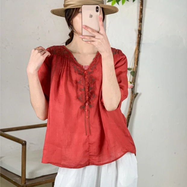 501-600复古苎麻印花上衣 下播勿拍 每日更新小衫大码宽松麻衣