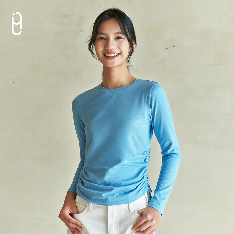 YLI抽绳柔感长袖秋冬新款亲肤舒适修身裁剪时尚纯色圆领运动T恤女