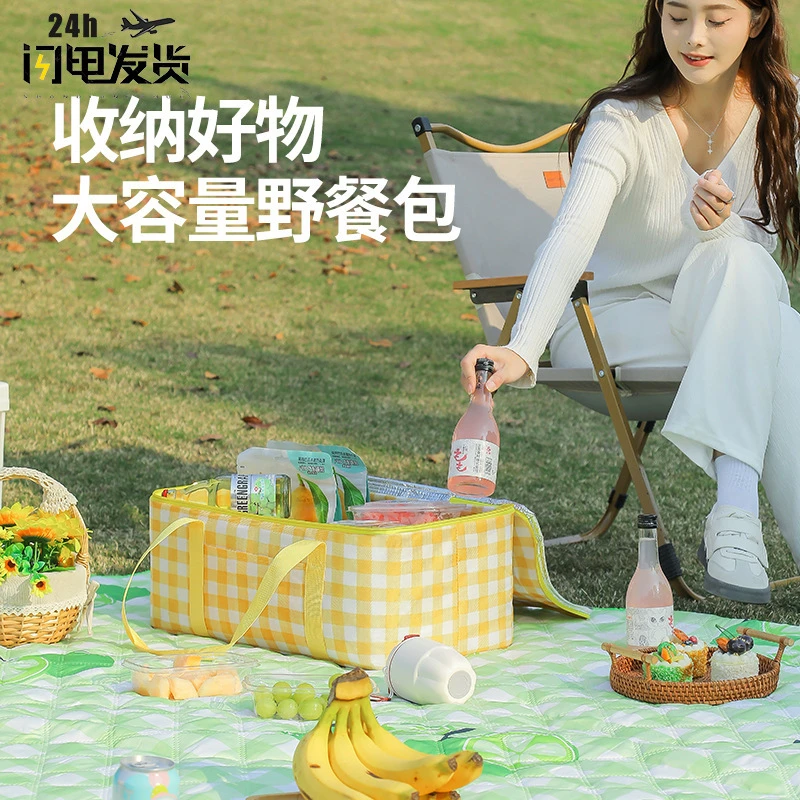 户外野餐包大容量加厚铝膜折叠手提便当包露营野餐牛津布野营收纳