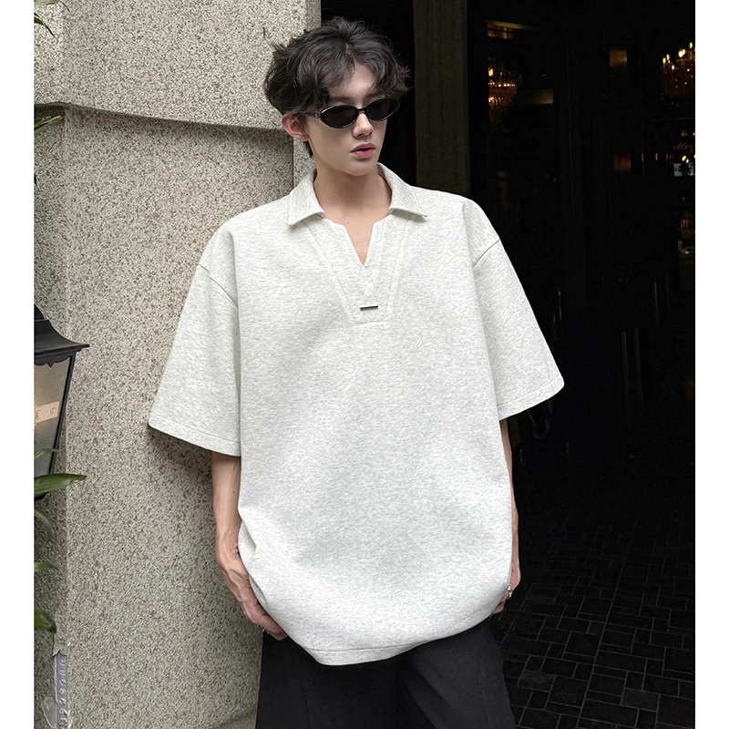 假两件重磅V领短袖t恤男款夏季美式潮牌高级感Polo衫宽松五分半袖