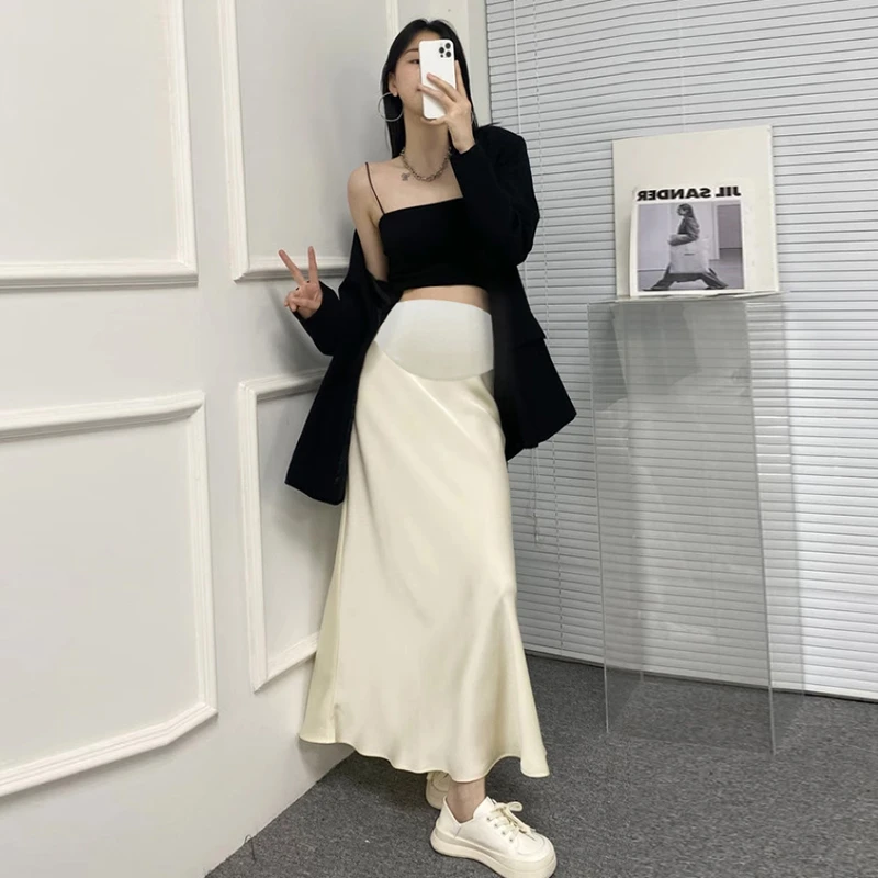 【白杏色】【三个长度】温柔白月光孕妇半身裙夏季醋酸缎面鱼尾长裙子
