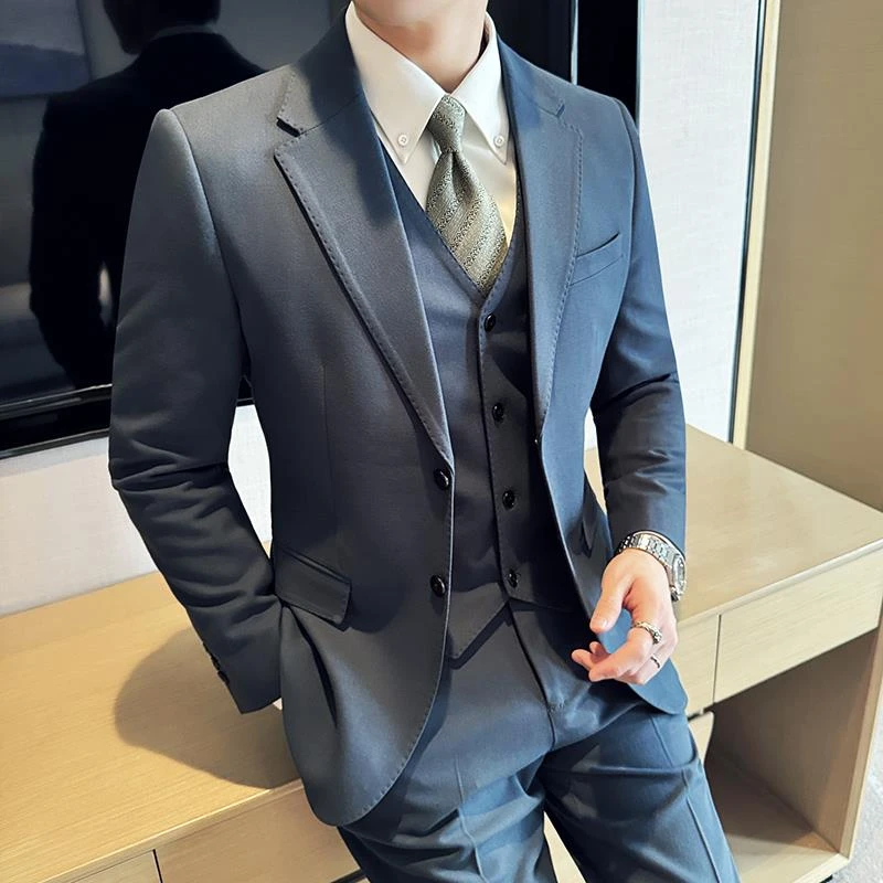 【轻奢】轻奢风痞帅男西装套装灰蓝色修身商务正装休闲新郎结婚礼