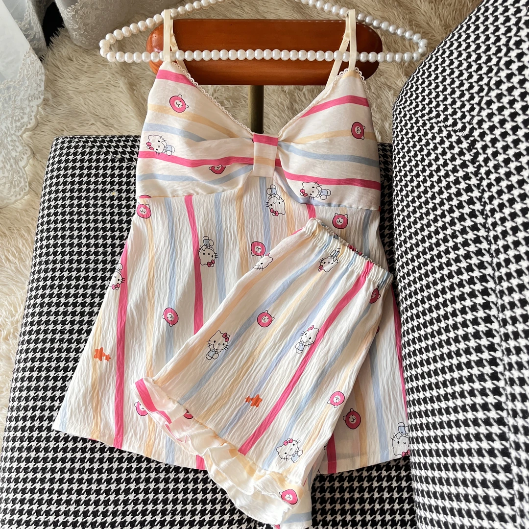 条纹云朵棉吊带睡衣两件套装女爆款2025年新款带胸垫可外穿家居服