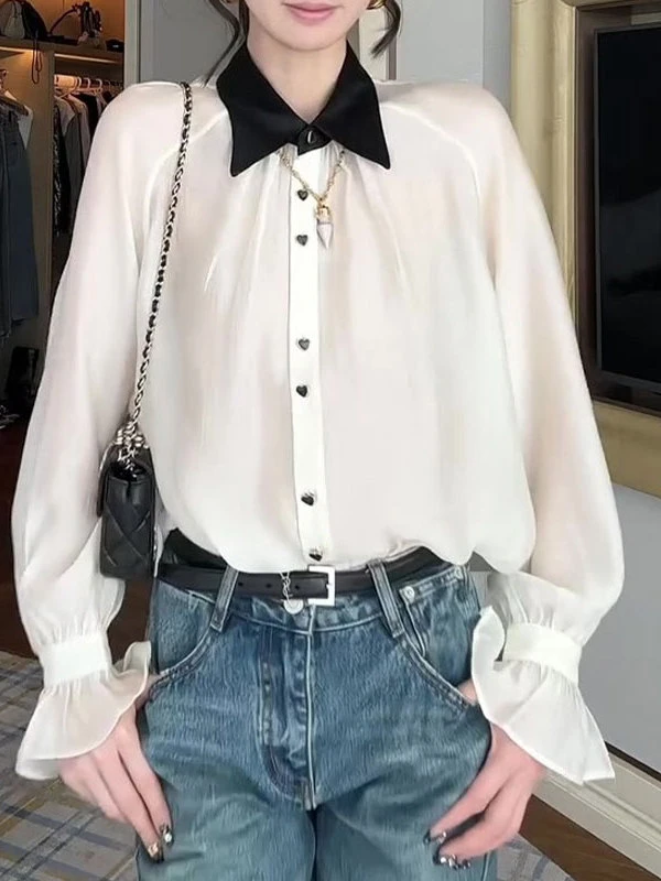 法式轻奢高级感撞色翻领长袖女2025年秋季新款独特别致绝美上衣女