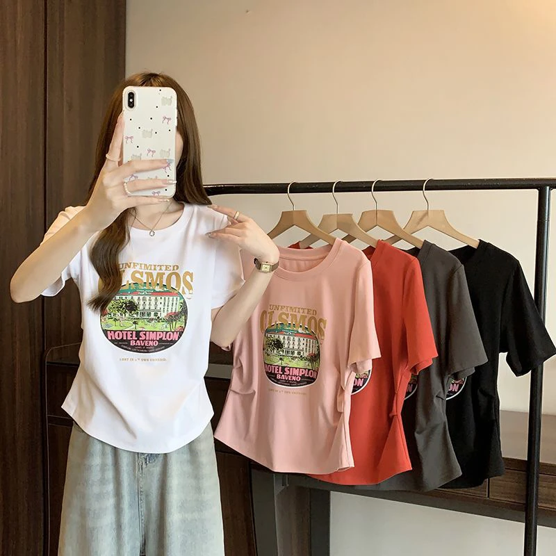 小众博主调性~美式复古印花圆领短袖T恤女褶皱收腰显瘦短款上衣