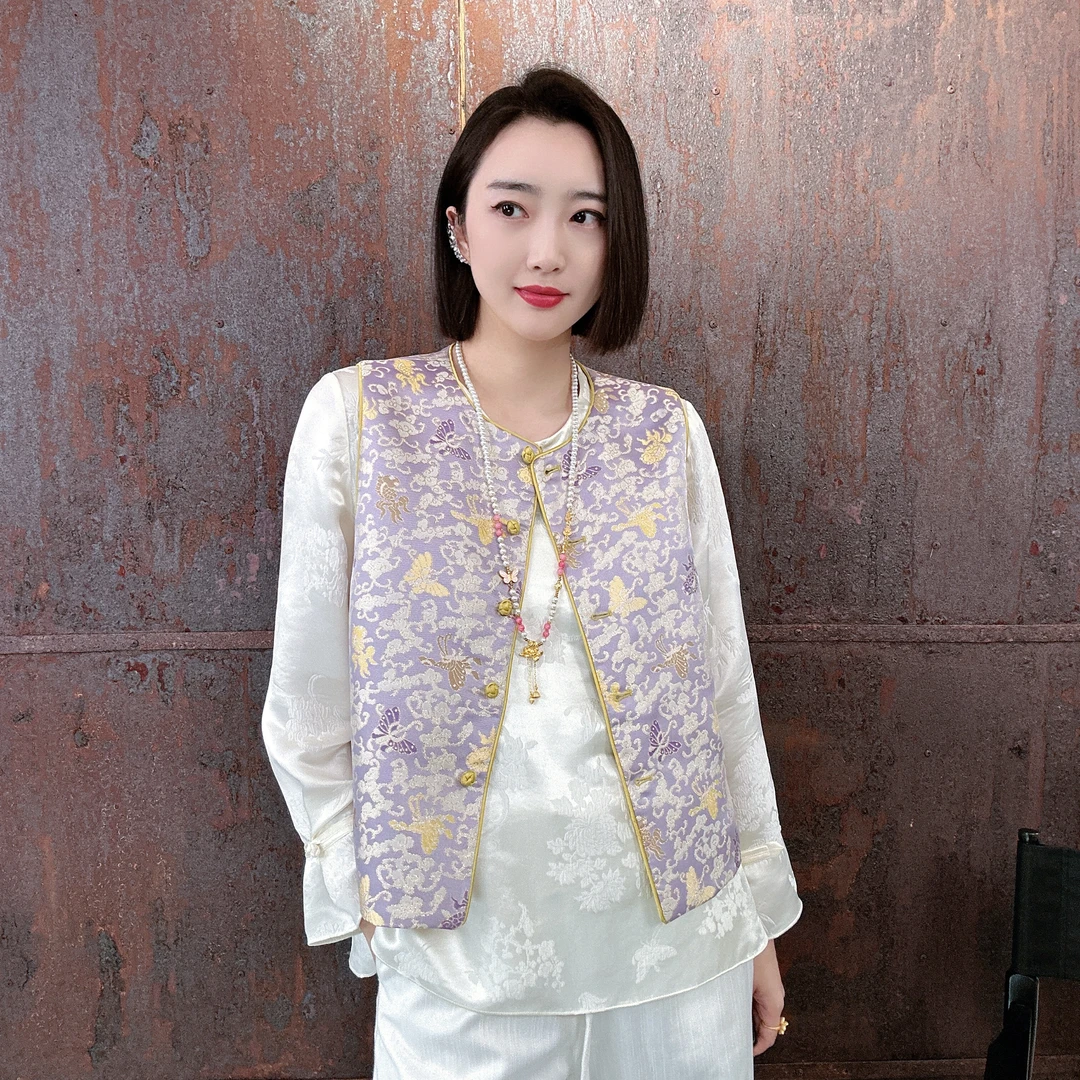 【双面双穿】金鱼闹彩蝶桑蚕丝宋锦金线混纺时尚马甲女装 HF-4188