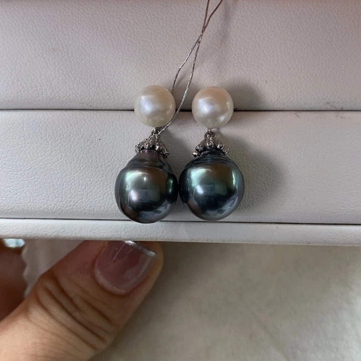 银S925镶嵌海水珍珠耳饰大溪地巴洛克11-12mm