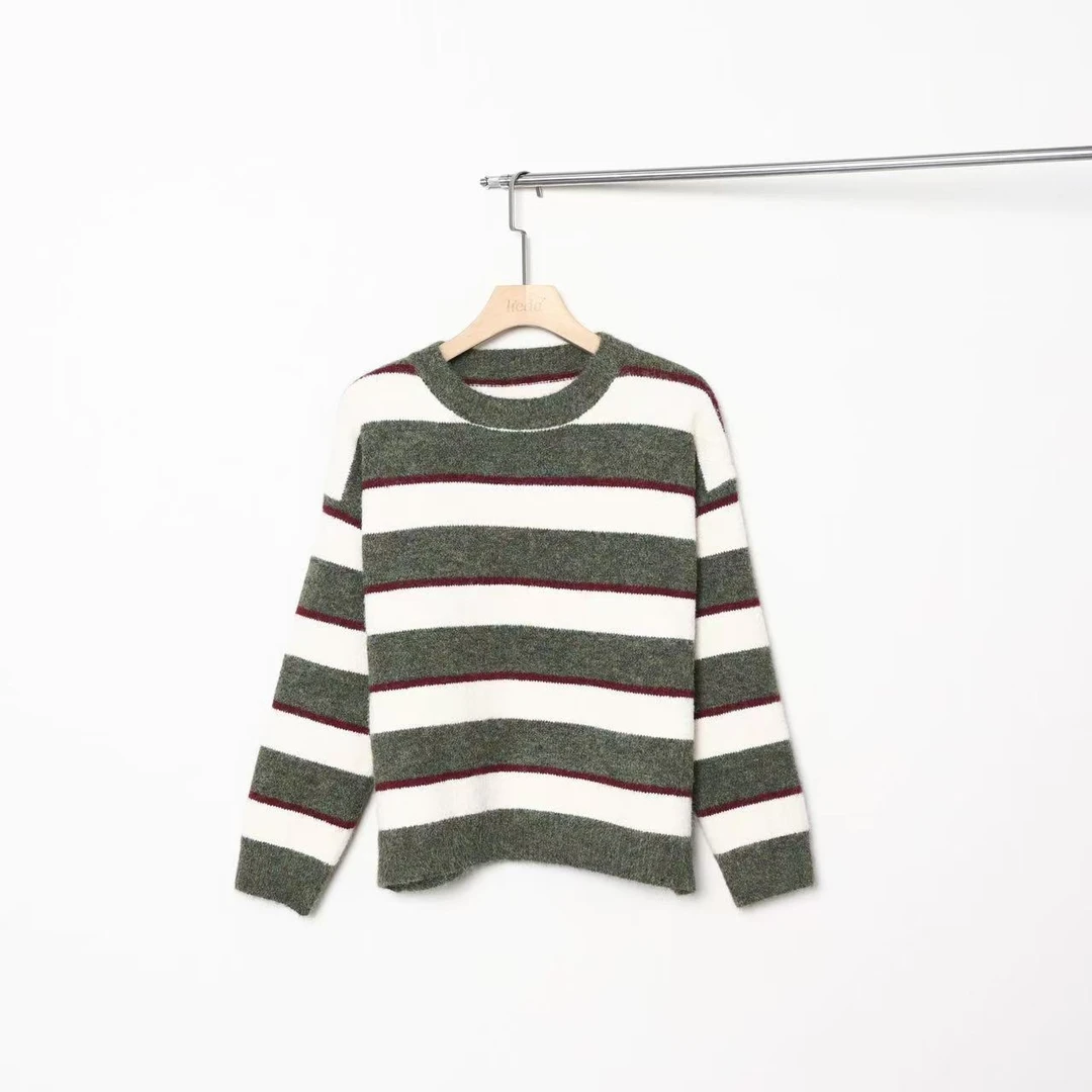 裂渡噜噜【趣味撞色】微胖大码女冬百搭显瘦氛围感条纹毛衣ZY412A27